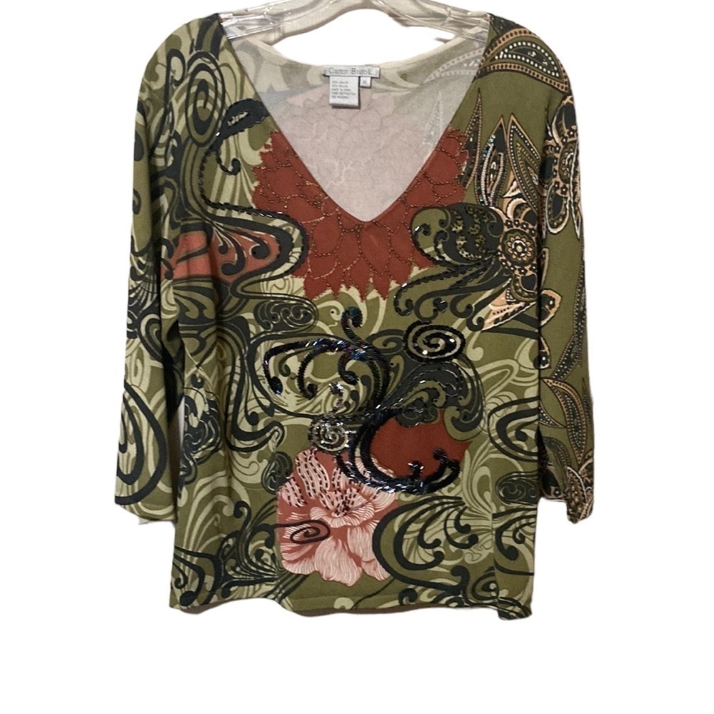 Carmen Marc Valvo Olive & Rust V-Neck Printed Women's Top